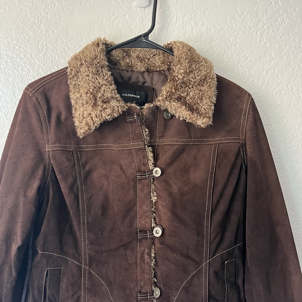 Vintage 90s Y2K Leather Jacket Brown Faux Fur Medium Dark Academia Whimsigoth - Picture 4 of 9